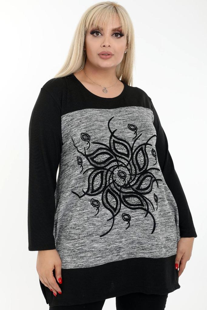 Damska tunika w dużym rozmiarze z motywem kwiatowym, haftowanym kamieniem, okrągłym kołnierzykiem, długim rękawem, swobodna tunika