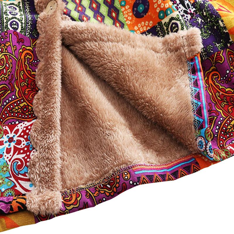 Vintage Warm Print Pocket Thick Zipper Hooded Autumn Winter Coat Women