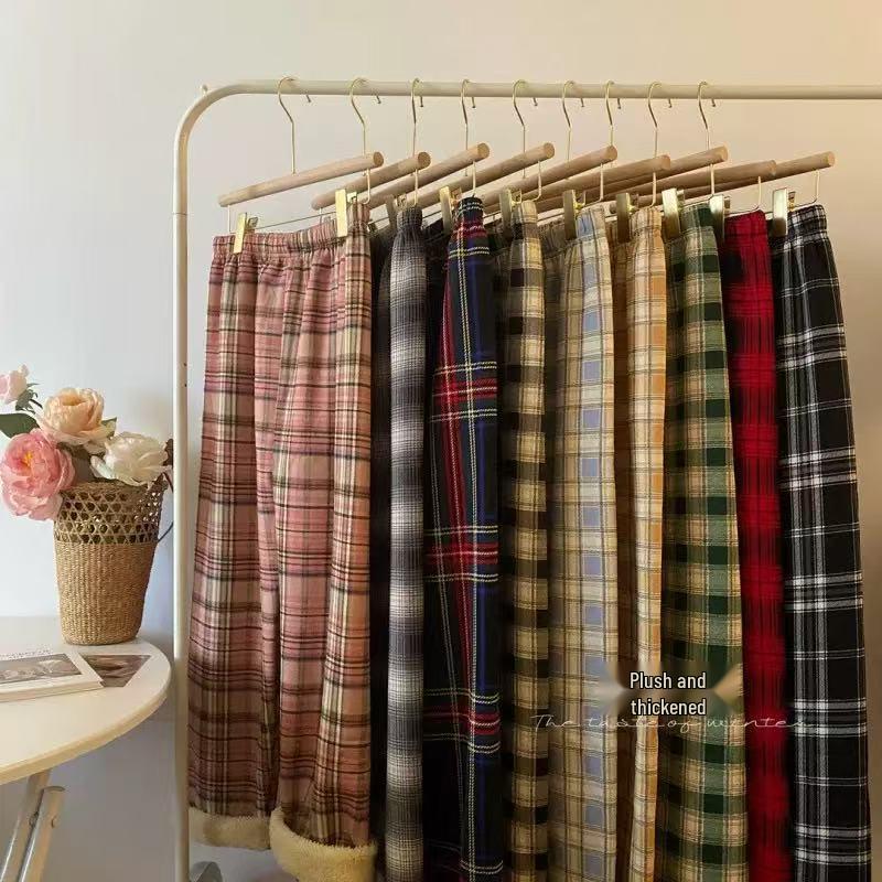 Women's High-Waisted Plaid Wide-Leg Pants - Autumn/Winter Casual Velvet Trousers