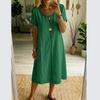 Fashionable Women's Round Neck Short Sleeved Lace Patchwork Cotton And Linen Dress