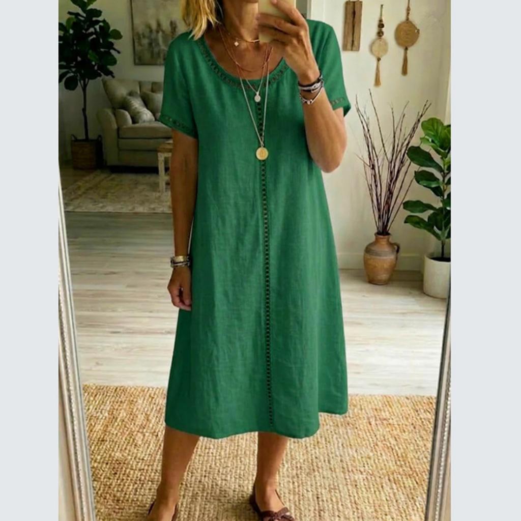 Fashionable Women's Round Neck Short Sleeved Lace Patchwork Cotton And Linen Dress