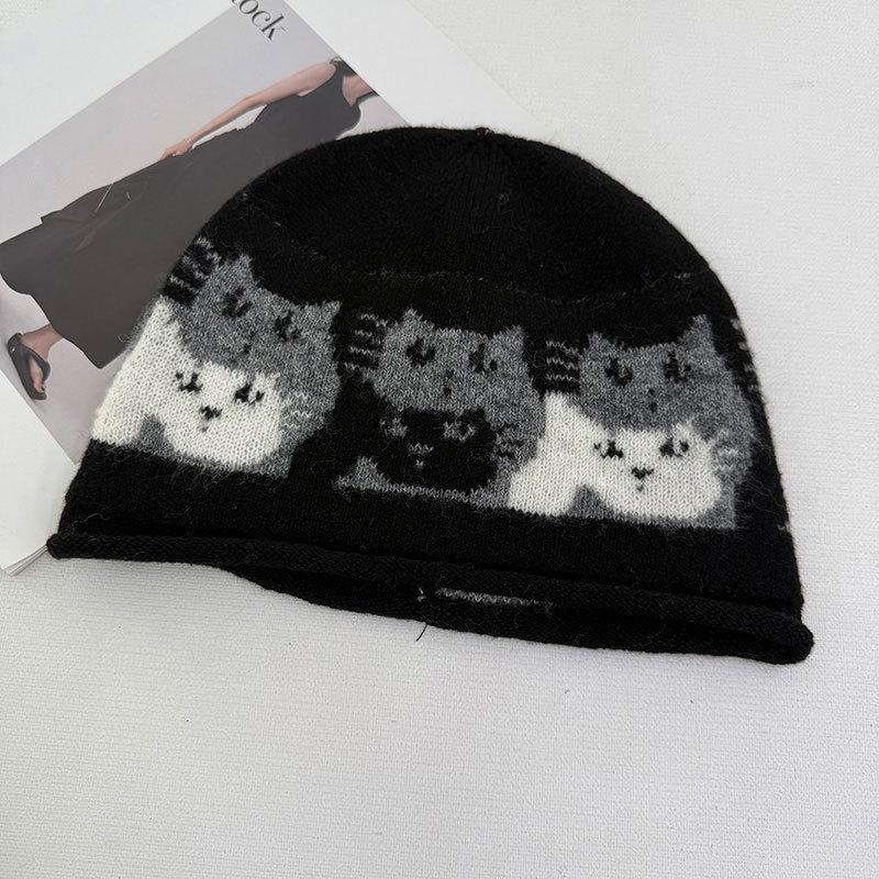 Cartoon Kitten Jacquard Knitted Bag Hat Women's Autumn and Winter Fashion Warm Windproof Ear Protection Face Small Wool Hat