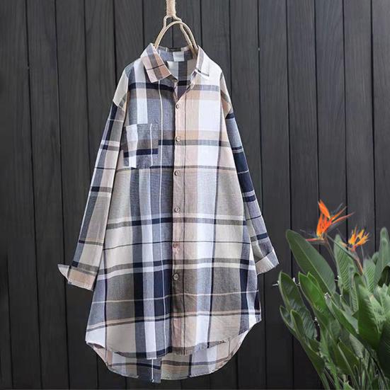 Women Shirt Lapel Long Sleeve Colorful Plaid Print Shirt with Pocket Loose Fit Mid-length Single-Breasted Shirt