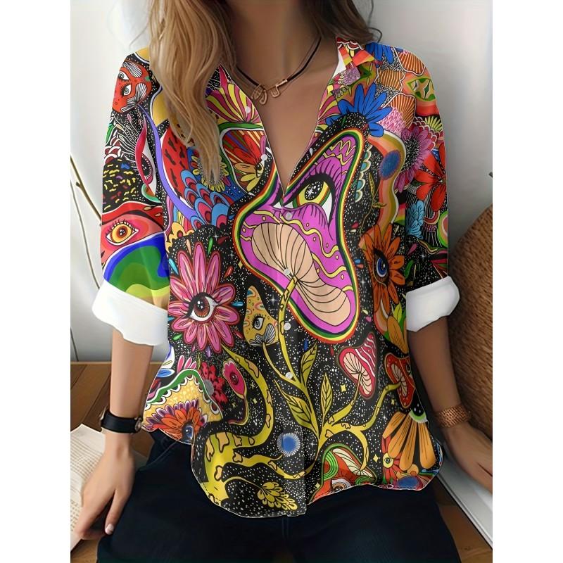 Womens Loose Fit Long Sleeve Cotton Linen Shirt With 3D Floral Print Casual Blouse 2025