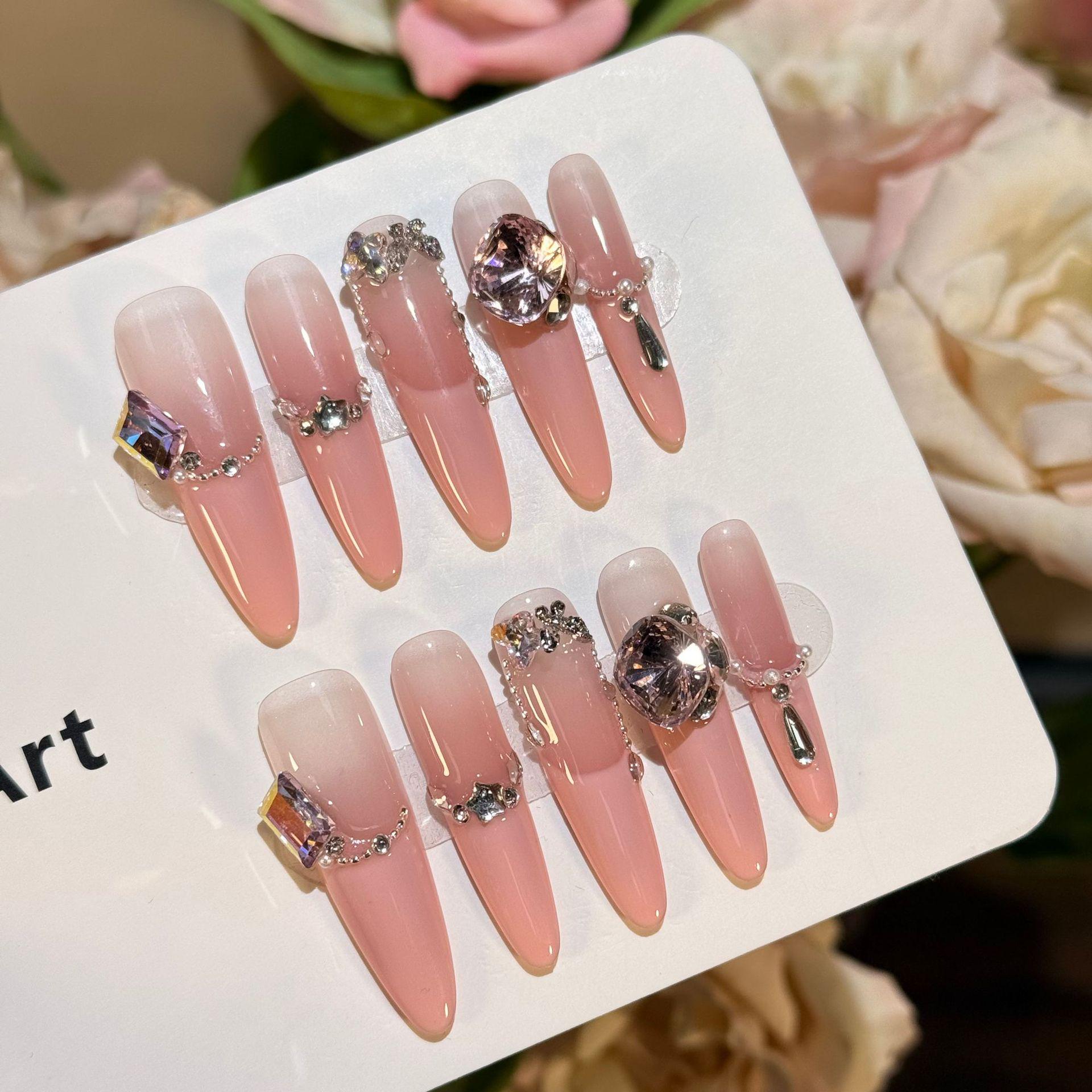 

68 Skinny Dog Baby Pink French Handmade Rhinestone Nail with Broken Diamond Design Medium