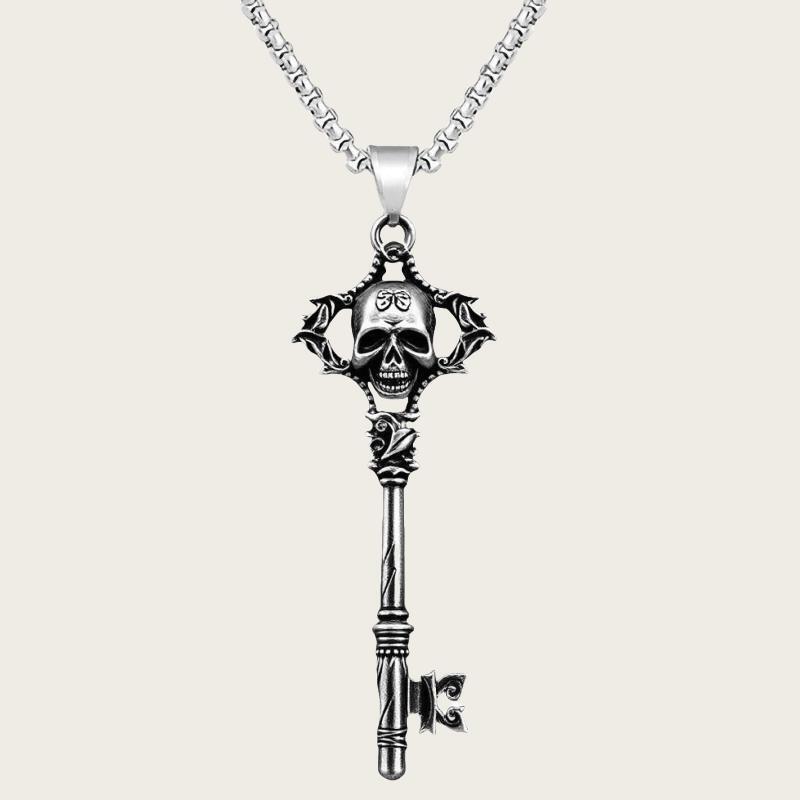 Gothic Vintage Silver Skull Key Necklace With Stainless Steel Chain For Women