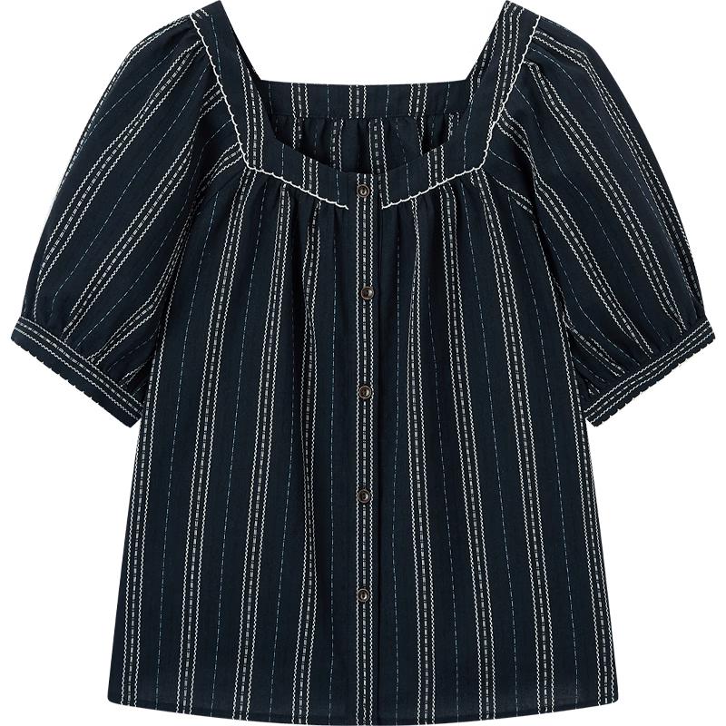 Aijutu Women s Striped Square Collar Short Sleeve Shirt S