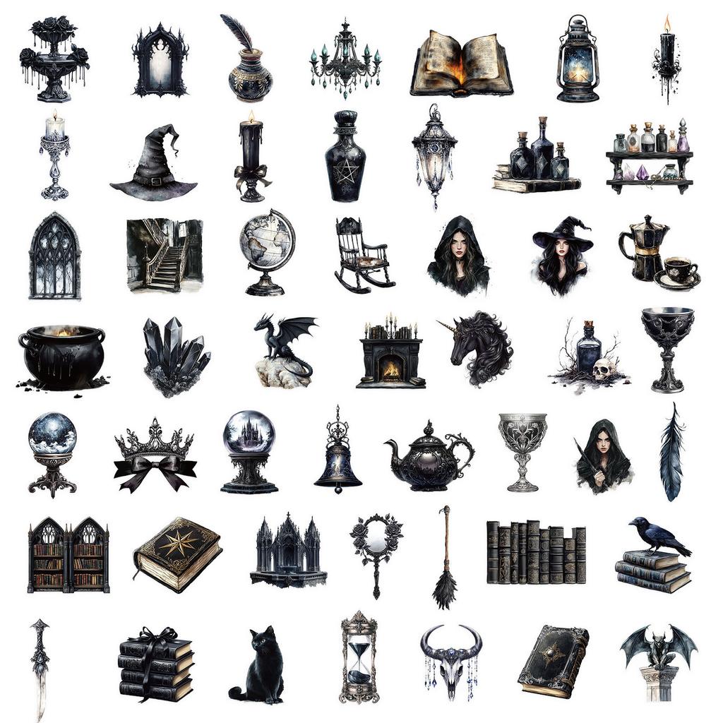 50 Pieces of Retro Dark Magic Witch PET Stickers, Transparent Waterproof Notebook Material Creative Stickers