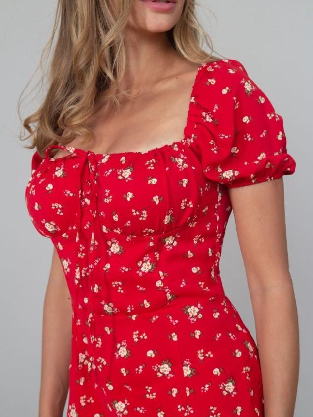 Women's Summer Floral Puff Sleeve Halter Dress with Square Neck