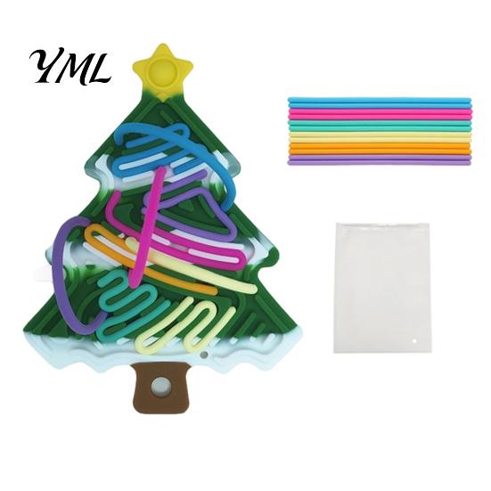 Toddlers Sensory Toys Silicone Activity Board, Christmas Tree Rainbow Ice Stick French Fries Stress Relief Tools Board with Strings, Silent Fidget Toy