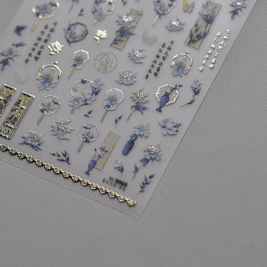 Blue and White Porcelain Chinese 5D Butterfly Flowers Vase Swallow Window Gold Stamping Nail Art Stickers Manicure Decals