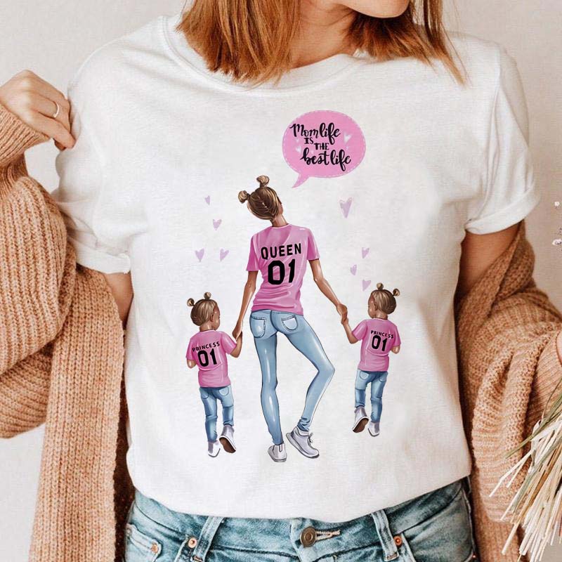 Maycaur Women Cartoon Mom Mother Boy Girl Print Mother Lady T-shirts Casual Top T Shirt Ladies Womens Graphic Female Tee T-Shirt