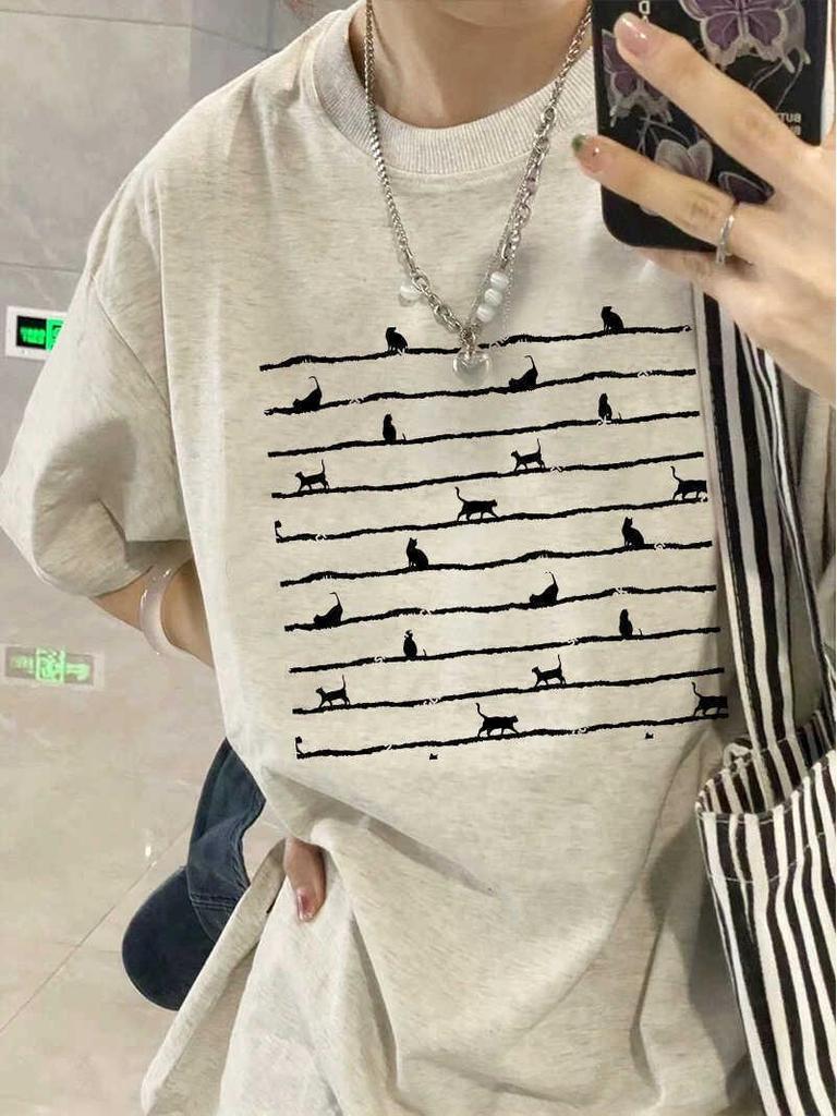 Women's Heavyweight Cotton Printed Short-Sleeve T-Shirt - 2025 Summer Collection, American Straight Shoulder, Loose Fit