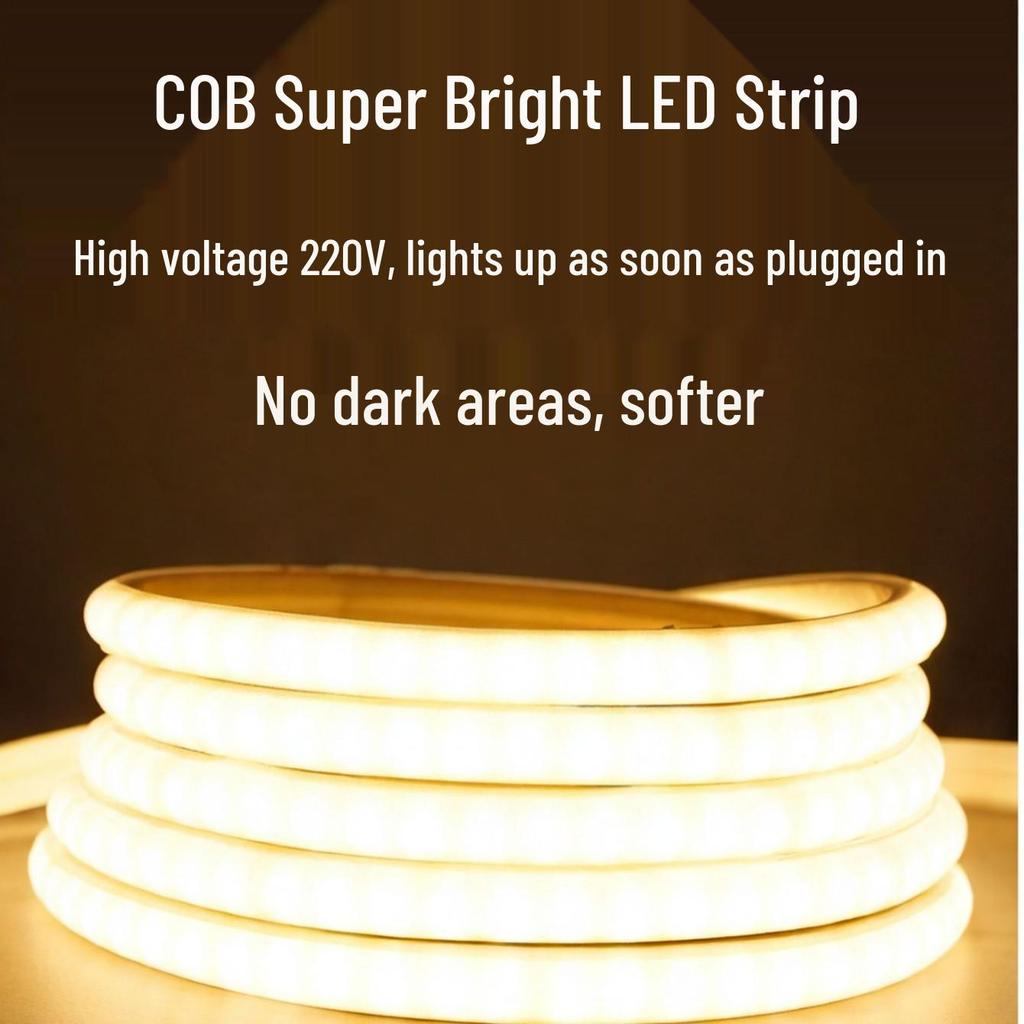 High Voltage 220V COB LED Strip Light: Super Bright, Waterproof, Self-Adhesive, Silicone-Coated for Home & Outdoor Use