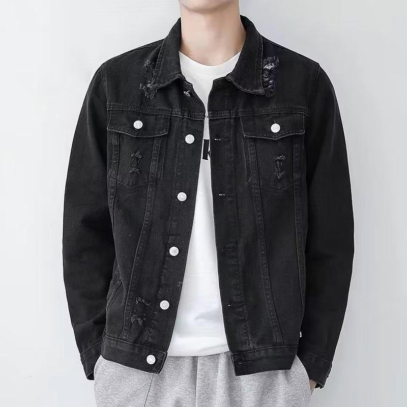 Męska Modna Czarna Kurtka Robocza z Denimu - Wiosna/Jesień Moda, Luźny Krój, Styl Koreański