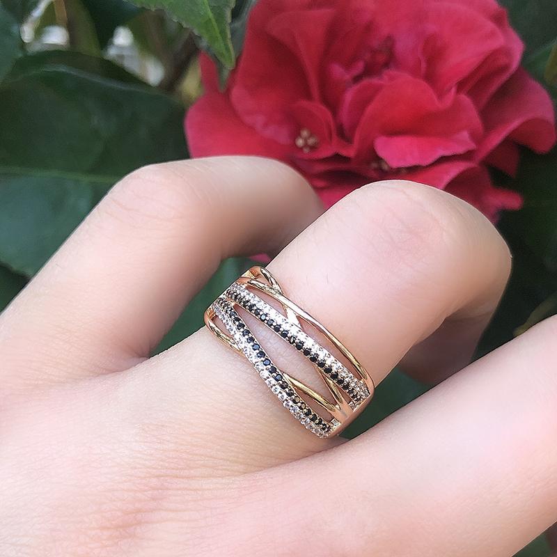 New  Rose Gold With Black Natural Zircon Ring Fashion Geometric Line Cross Rings For Women Vintage Wedding Jewelry
