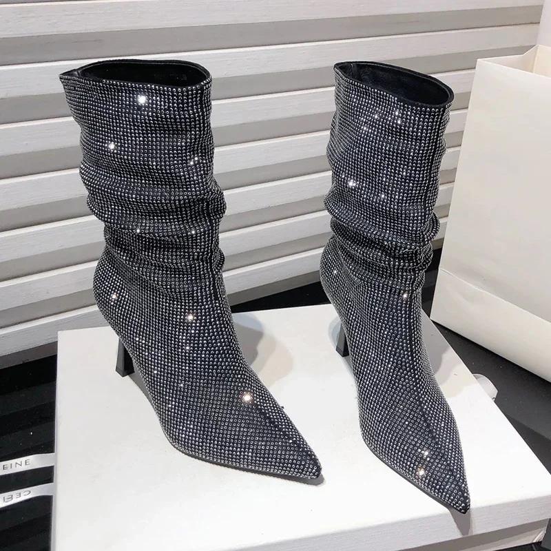 

Женские ботильоны на высоком каблуке с острым носком и кристаллами, сексуальная обувь 2025 года, модные роскошные зимние ботинки челси, новые туфли-лодочки Mujer Botas 35 серебряный