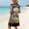 Women's Short Sleeve Floral Print Dress Casual Round Neck Waist Tie Pocket Summer Loose Fit Mini Dress