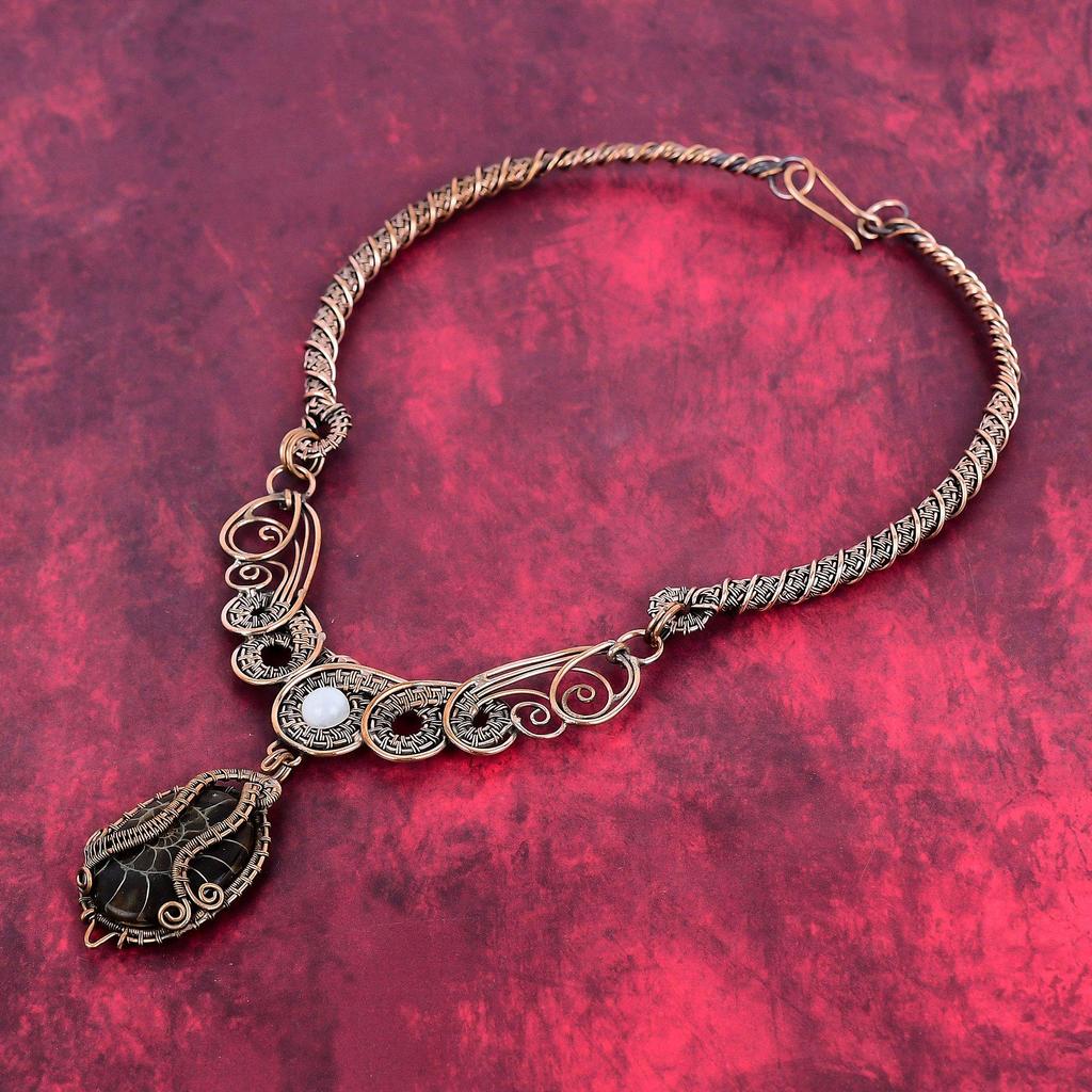 Ammonite Fossil Necklace Copper Wire Wrapped Necklace Rainbow Moonstone Necklace Gemstone Copper Jewelry Engagement Gifts Handmade Necklace