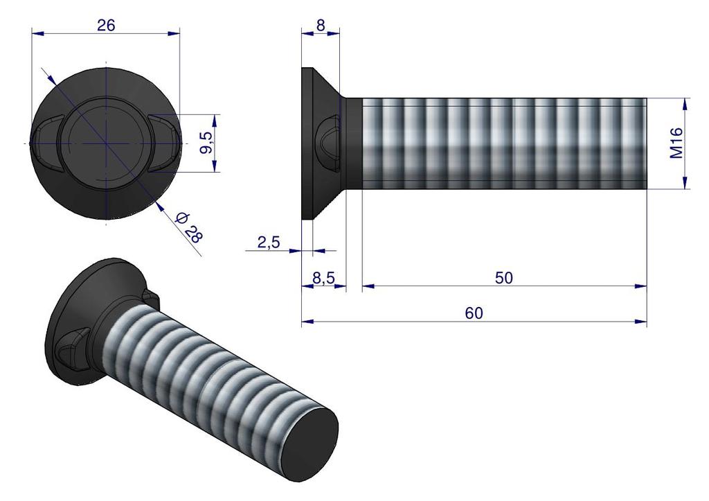 Śruba Kpl. Płużna Dwunoskowa M16X60 Mm Kl.10.9 Waryński ( Sprzedawane Po 25 )