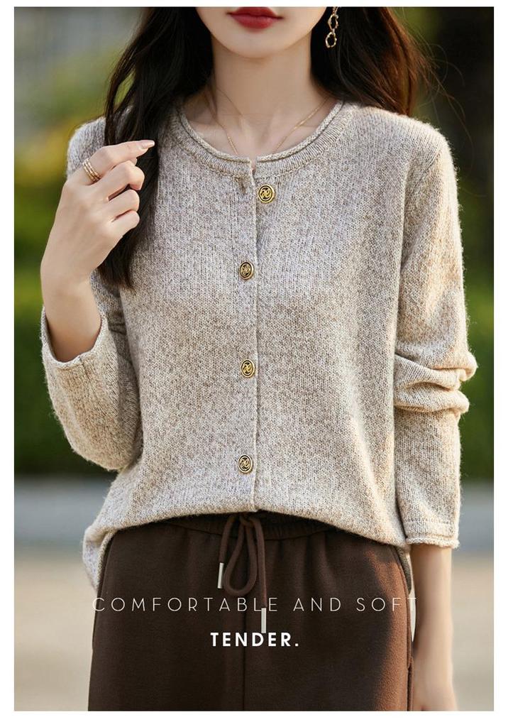 Women's Korean Style Round Neck Cashmere Cardigan - 100% Pure Wool, Casual Versatile Flower Yarn Knit Sweater