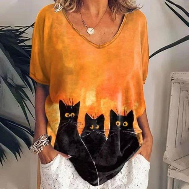 Summer V-neck 3D Cat Printed Top Fashionable Casual Short Sleeved Women's T-shirts