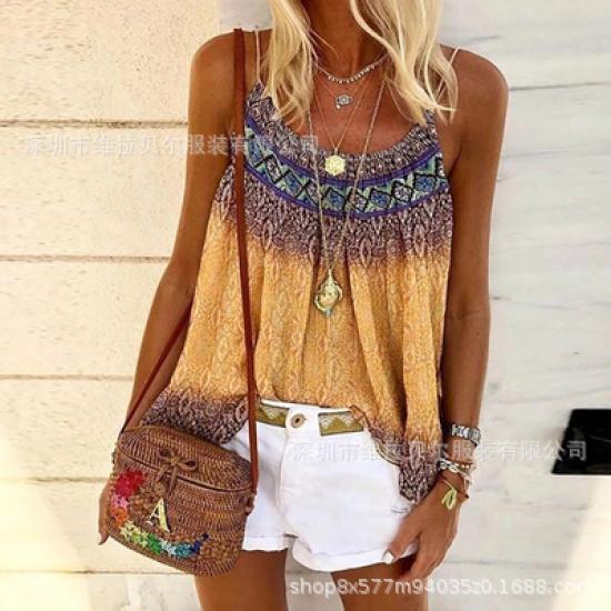 2026 Summer Loose Casual Round Neck Strap Hand-Painted Positional Print Women's Tank Top T-Shirt