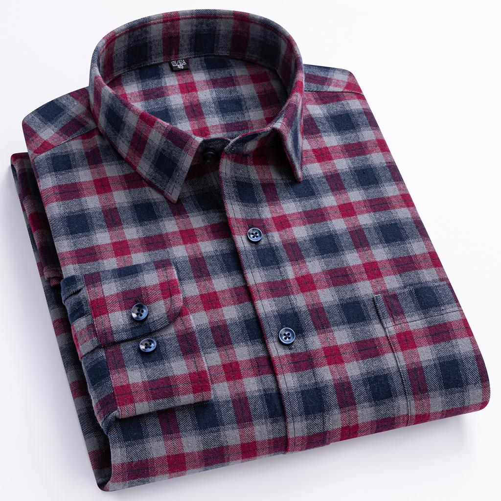 Over Size 100%cotton Brushed Plaid Long Sleeve Shirts for Men Single Pocket Casual Tops Soft Vintage Elegant Designer Clothes