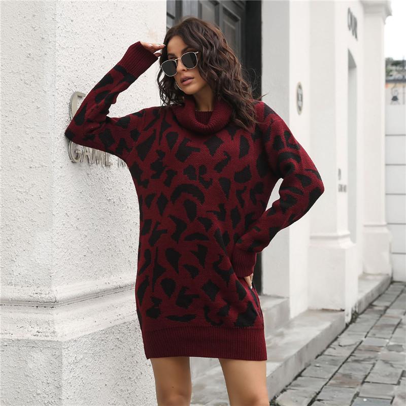 

Весенне-осеннее леопардовое мини-вязаное платье-свитер длиной выше колена, женское повседневное платье с прямым ворсом и длинными рукавами, свободная талия, SL S вино красного