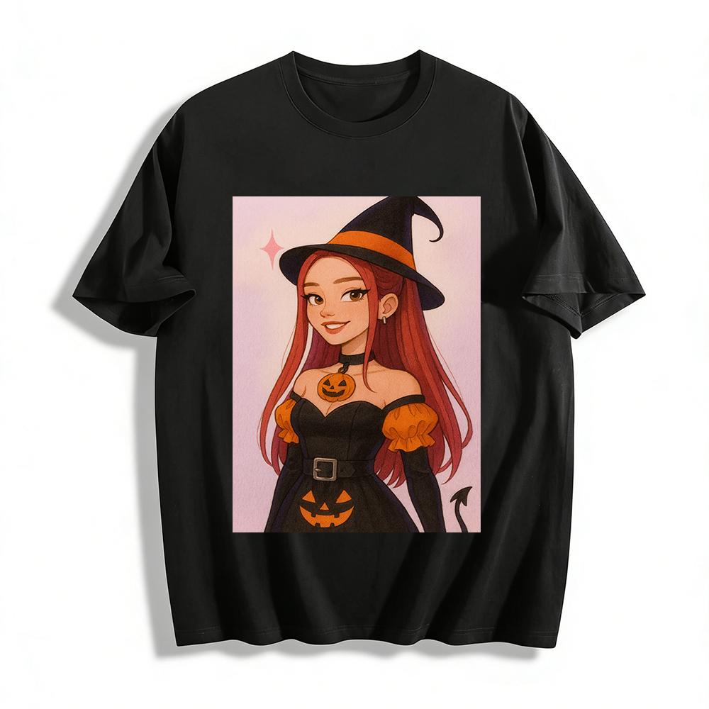

Halloween Pumpkin Witch Print Off Shoulder Top Festival Vibe Cute Cool Girl Casual Long Sleeve T-Shirt Pure cotton T-shirt XXS