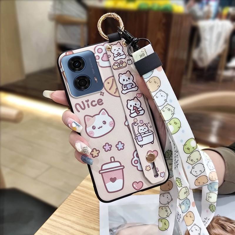 Ring Waterproof Phone Case For MOTO G24 Power Back Cover Anti-dust Durable Wristband Kickstand Protective Lanyard Cute