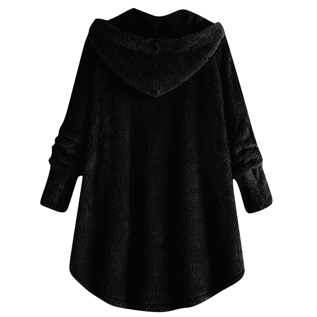 Women's Fashion Fuzzy Color Button Pocket Hooded Long Sleeve Loose Warm Jacket