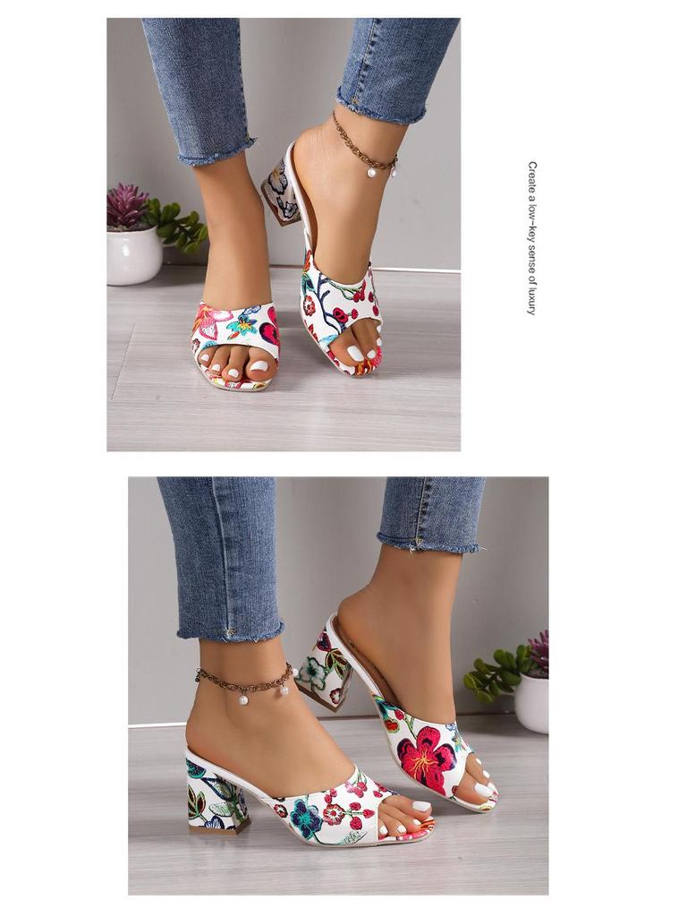 European & American Embroidered Open Toe High Heel Square Toe Sandals - Women's Plus Size, Chunky Heel, One-Strap Fashion Slippers