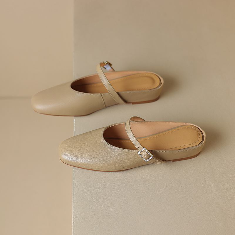 Krazing Pot, mulas de cuero de plena flor, punta cuadrada, tacones bajos, zapatillas exteriores de otoño, zapatos de verano, zapatos de tacón para mujer