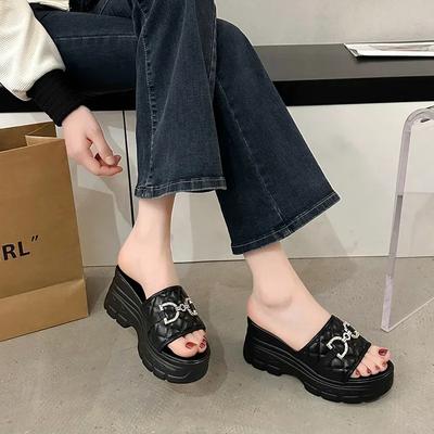 Ketten Keilabsatz Hausschuhe Damen High Heels Plateau Schuhe Mode Sommer Luxus Zehentrenner Strandsandalen Pumps Mujer Pantoletten