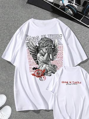 Slogan Angel Pattern Cotton T-shirt Men's Pure Cotton Breathable Luxury Fashion Large Size Top Casual Short Sleeve Street Wear C