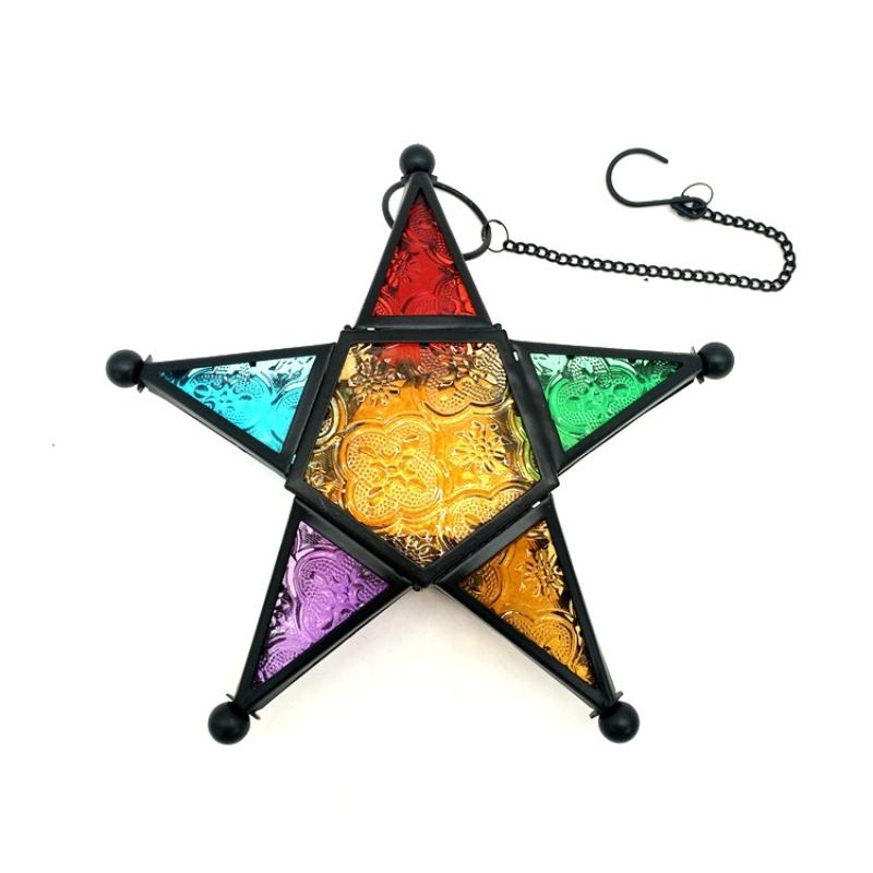 Portacandele a Pentagramma in Ferro Battuto Vetro Colorato Design Antivento Retrò per Decorazione della Casa e Occasioni Speciali
