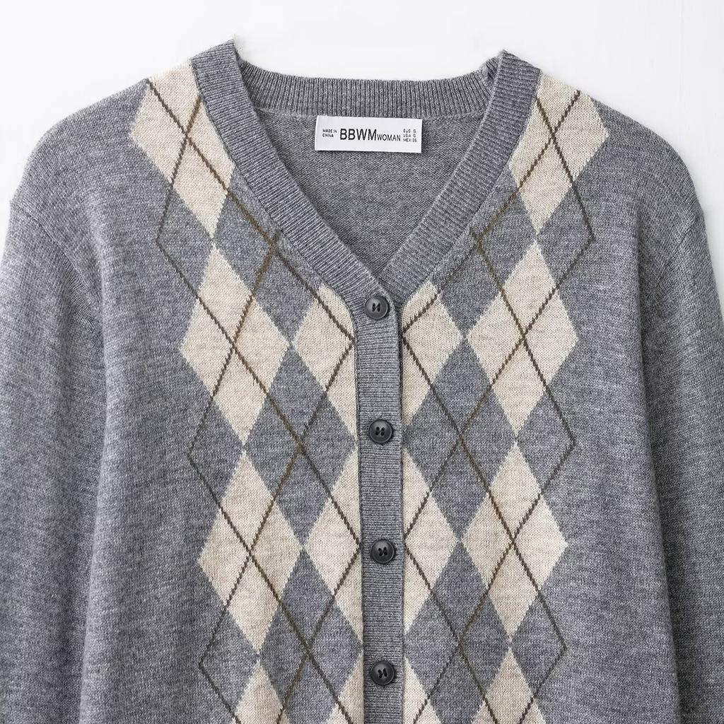 European and American style, new women's clothing, fashionable, versatile, cross-border French casual rhombus knitted sweater