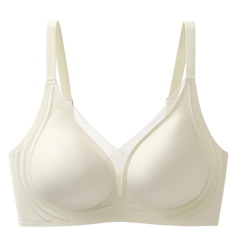 Cream White Seamless Wireless Bra with Lace V Neckline and Adjustable Straps M белый
