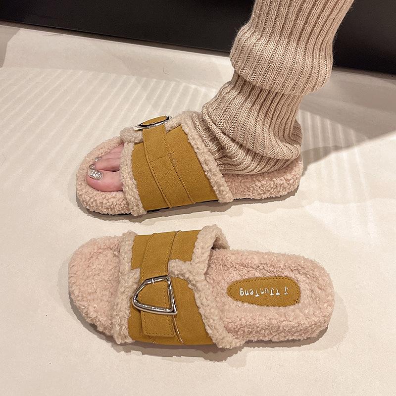 

Модные повседневные хлопковые тапочки большого размера для женщин, модные повседневные корейские однотонные пушистые тапочки с пряжкой для женщин 42