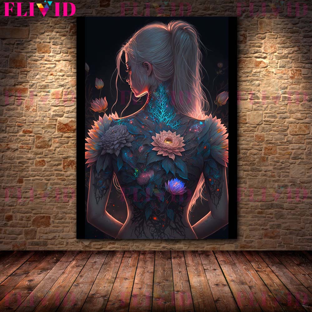 Abstraktní tetování květina Sexy dívka plakát Wall Art Malba na plátně plakát