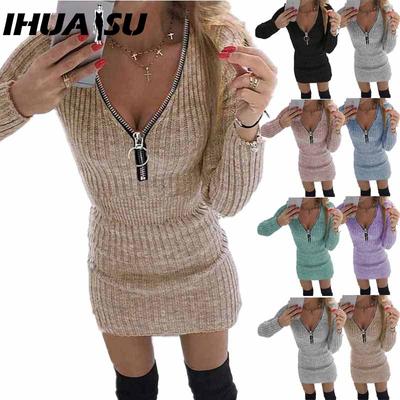 S-5XL Sonbahar Kış Kadın Kruvaze Etekler Fermuarlı Bel Uzun Kollu Örme Elbise Kalçalar