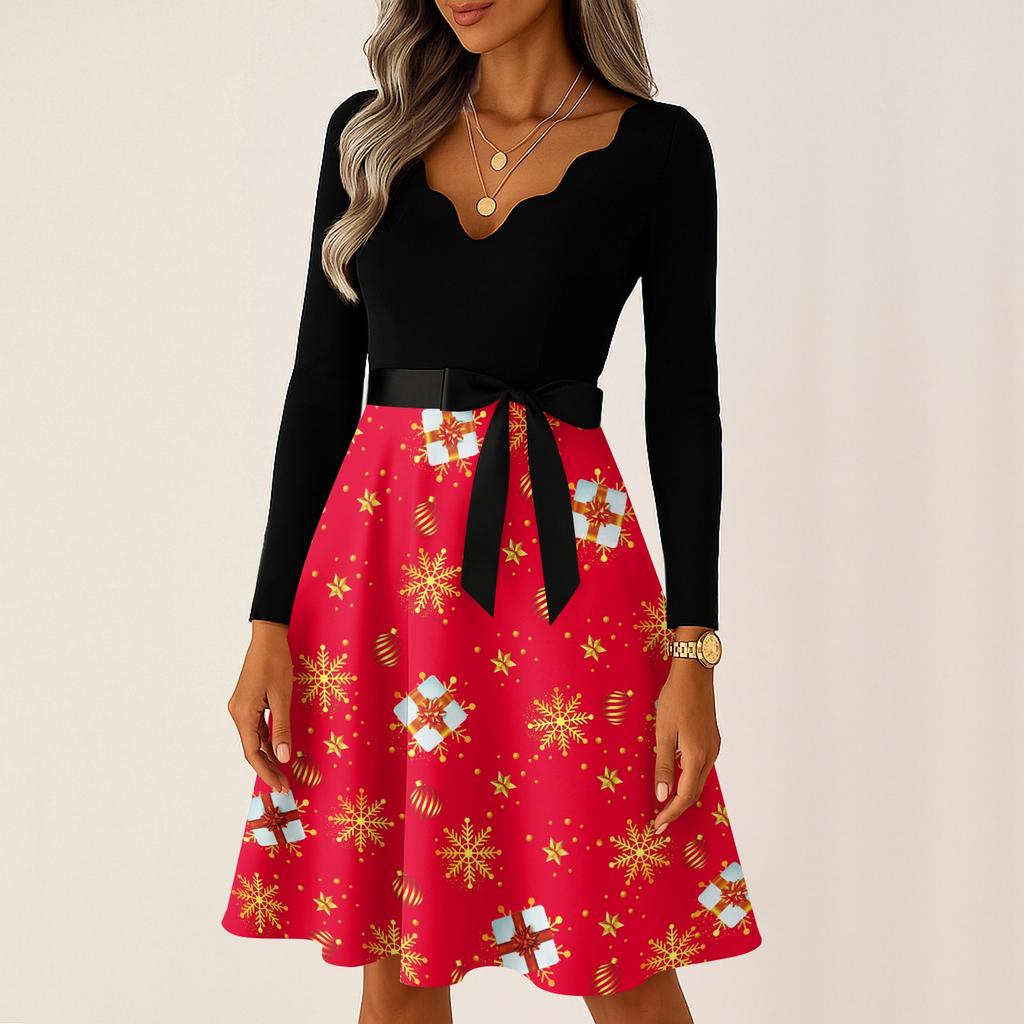 Women's Casual Fashion Long Sleeve Christmas Graphic Printed Vintage Long Dresses