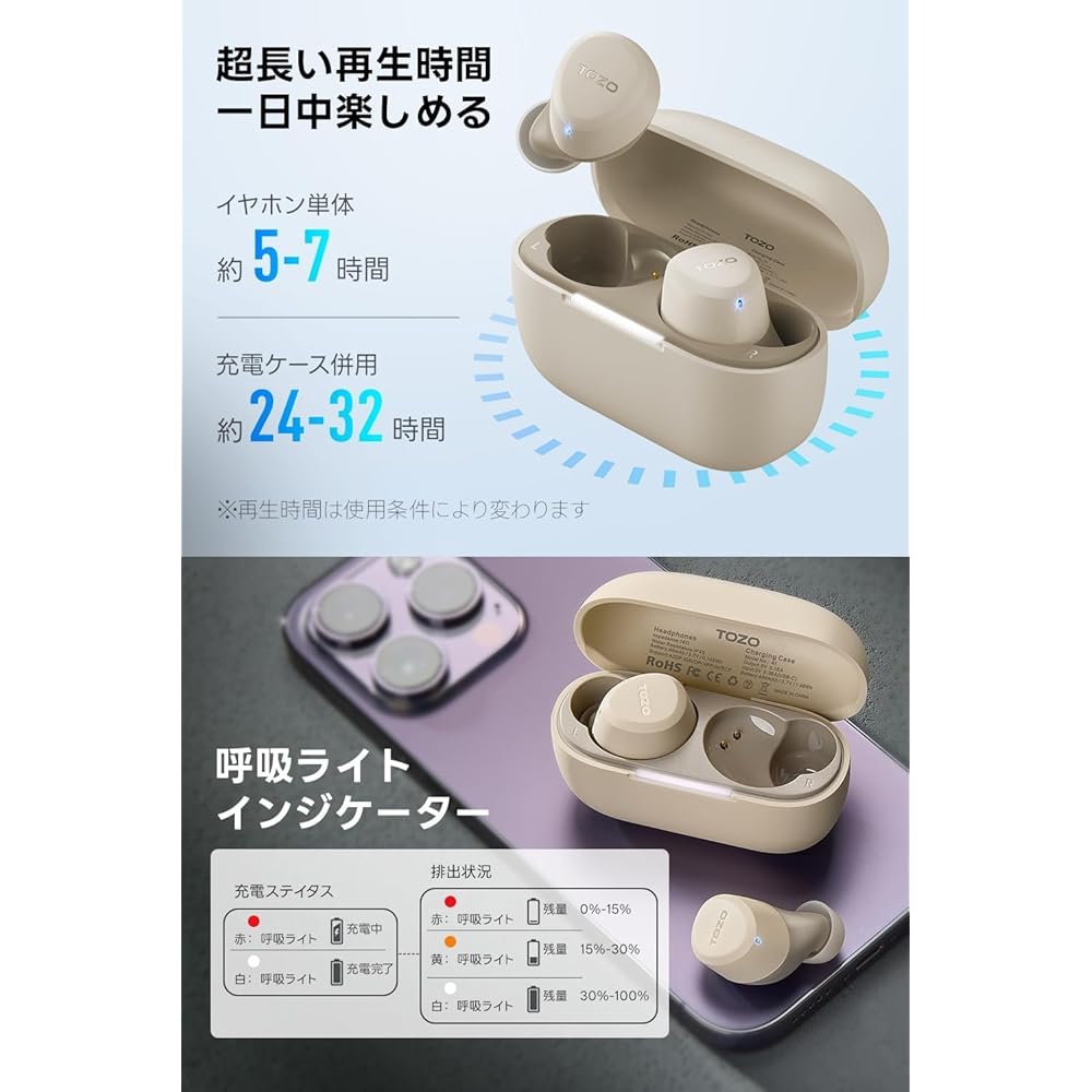 TOZO A1 Earphones Bluetooth Wireless Earphones, Mid-Low Frequency Range, Warm Sound Quality, Small, Lightweight, Comfortable, Built-in Microphone, AI 