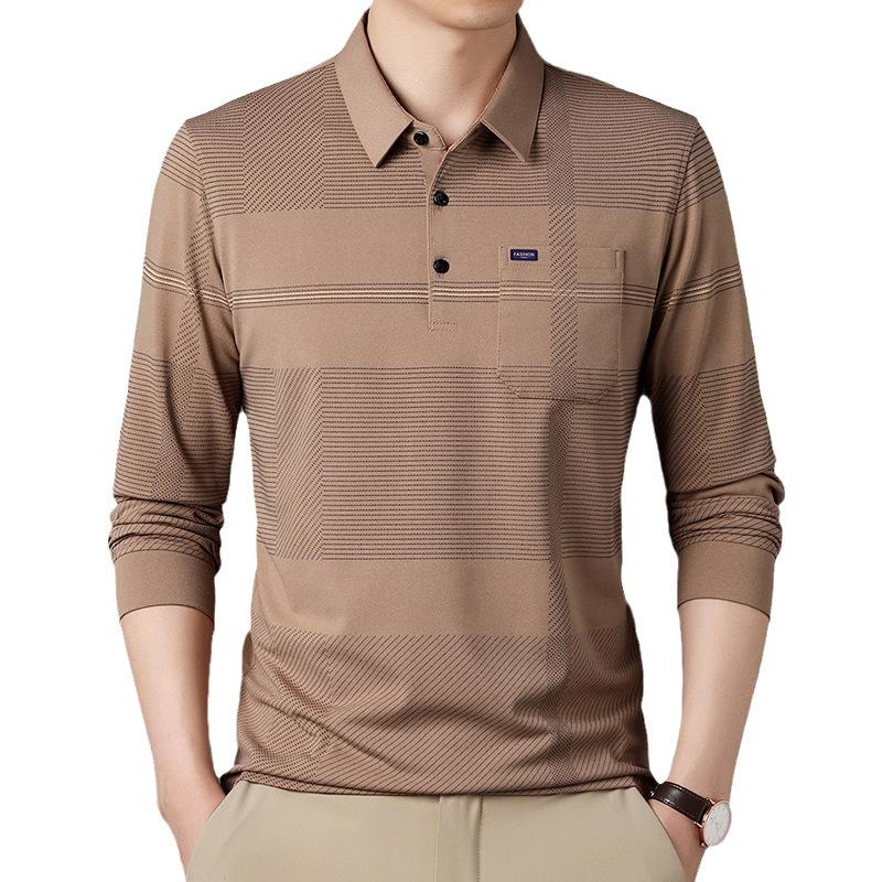 New Dad Wear Men's Lead Long-Sleeved T-shirt Men's Real Pocket Top Striped Men's Polo Shirt with Pockets
