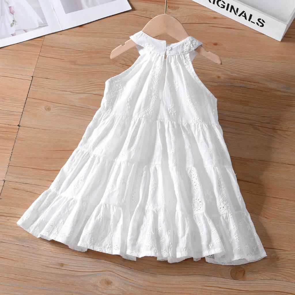 Summer Girls White Lace Embroidered Halter Princess Dress Kids Sleeveless Party Gown