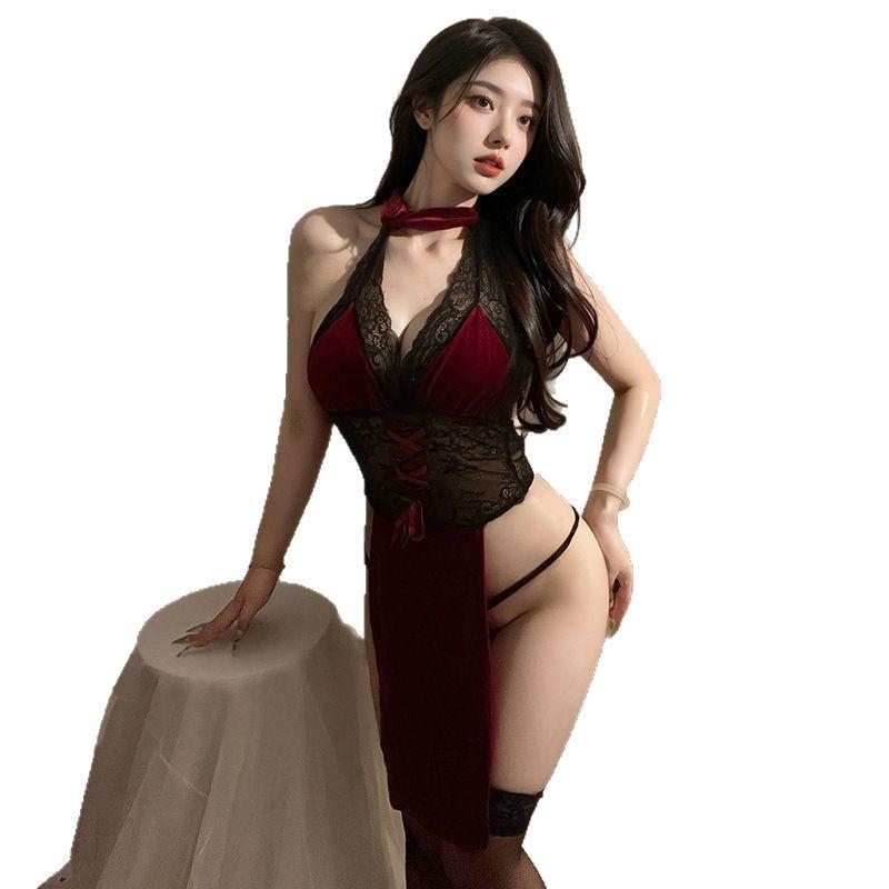 Sex underwear Republic of China cheongsam high split set Guochao lace neck nightdress pajamas