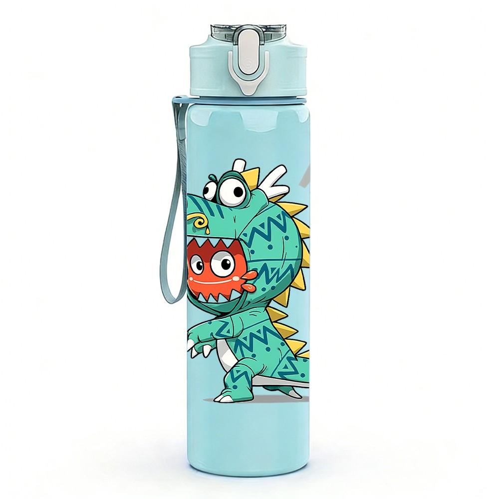 1PC Little Dinosaur Cartoon Character Print 750ml Color Plastic Sports Water Bottle Leakproof Flip Straw Lid Suitable for Sports Office Home Use