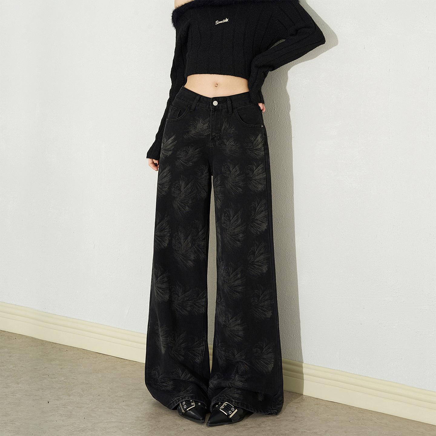 

Женские Черные Джинсы Широкие с Принтом Листьев Высокая Талия Свободные Повседневные Модные Оверсайз Джинсовые Брюки в Пол S