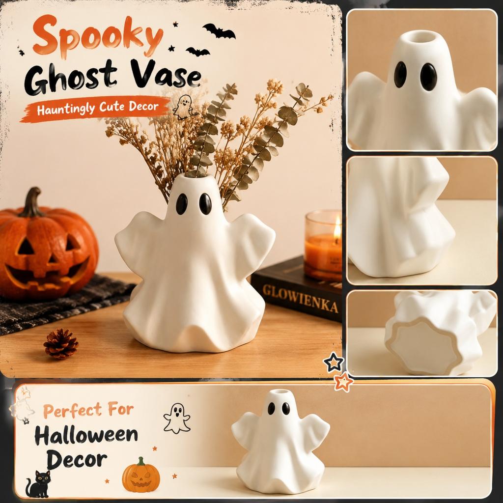 Ceramic Ghost Vase Halloween Decorative Figurine Hollow Design Tabletop Accent Home Ornament